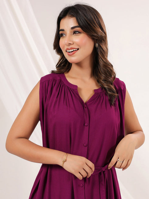 Janasya Women's Wine Rayon Solid A line Dress